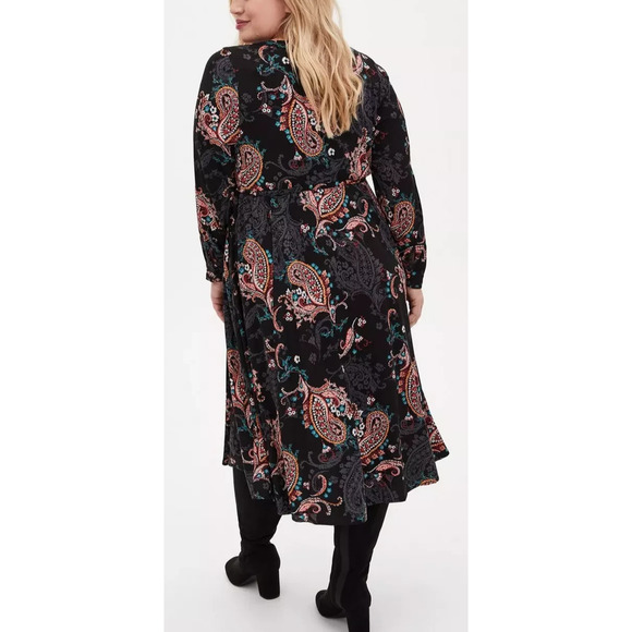 Torrid Midi Challis Skater Dress Black Paisley Plus Size 1 1X Boho Festival - Picture 8 of 13